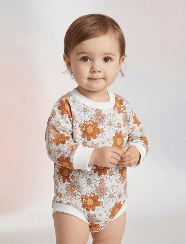 Body Manga Larga Con Flores Naranja, Cuello Y Puños Blancos Ref. BO05