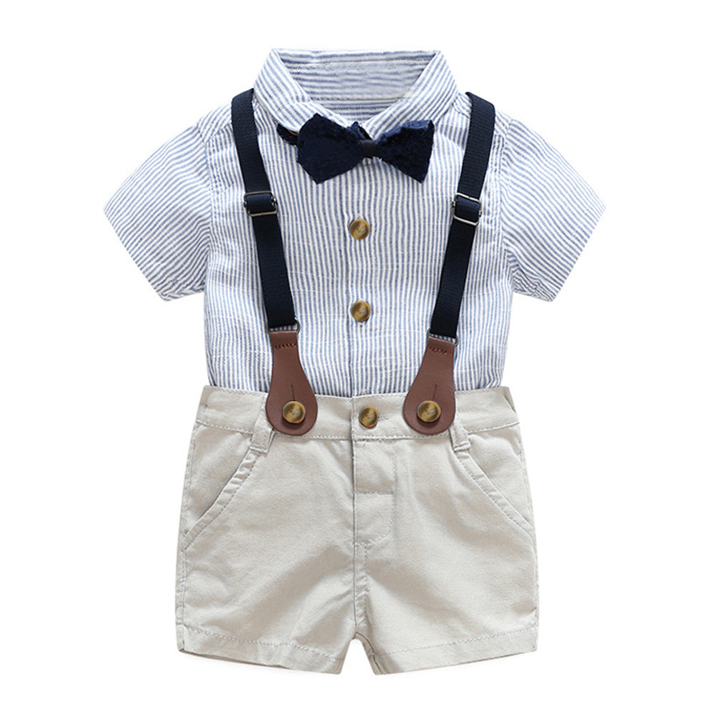 CONJUNTO CAMISA AZUL RAYAS/ SHORT Y CARGADERAS