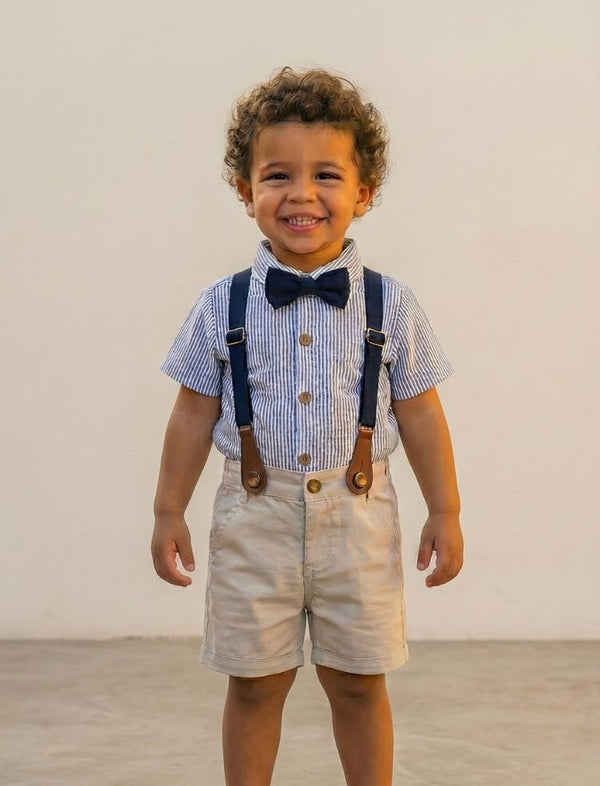 Conjunto Camisa Azul Rayas, Short Y Cargaderas Ref. CJ08