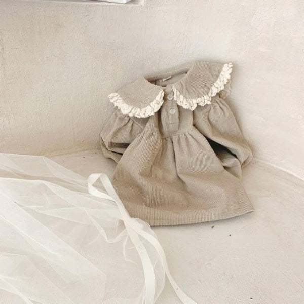 VESTIDO MANGA LARGA CAFE CON CUELLO MANTEL Y BOLERO CREMA - VESTIDO | Acuarella